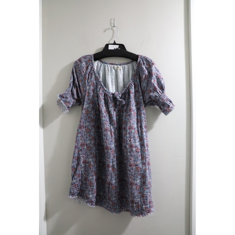 Natural Life Floral Print Cotton‎ Tunic Dress XS/S Blue Red Boho Peasant Mini